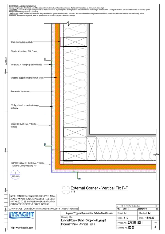 Navigate to I05-07 - External Corner Detail - Supported Lysaght Imperial™ Panel - Vertical Fix F-F