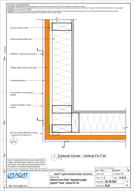 Navigate to I05-08 - External Corner Detail - Supported Lysaght Imperial™ Panel - Vertical Fix F-M