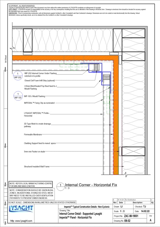Navigate to I06-02 - Internal Corner Detail - Supported Lysaght Imperial™ Panel - Horizontal Fix