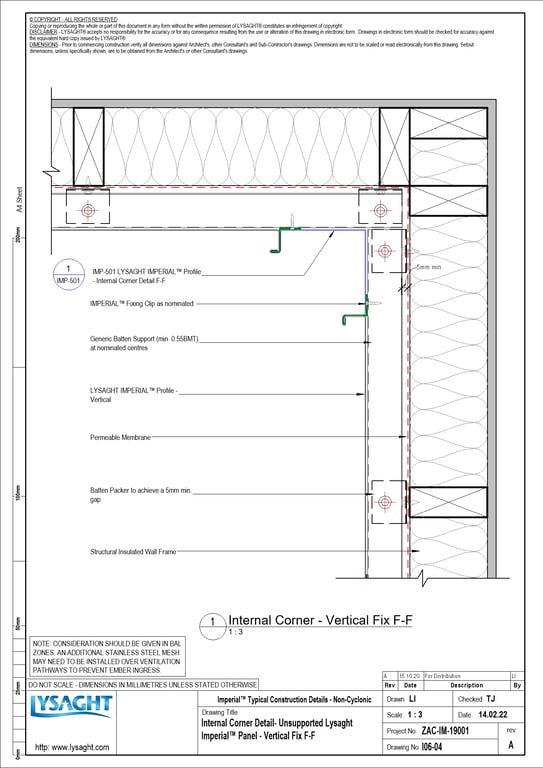 I06-04 - Internal Corner Detail- Unsupported Lysaght Imperial™ Panel - Vertical Fix F-F