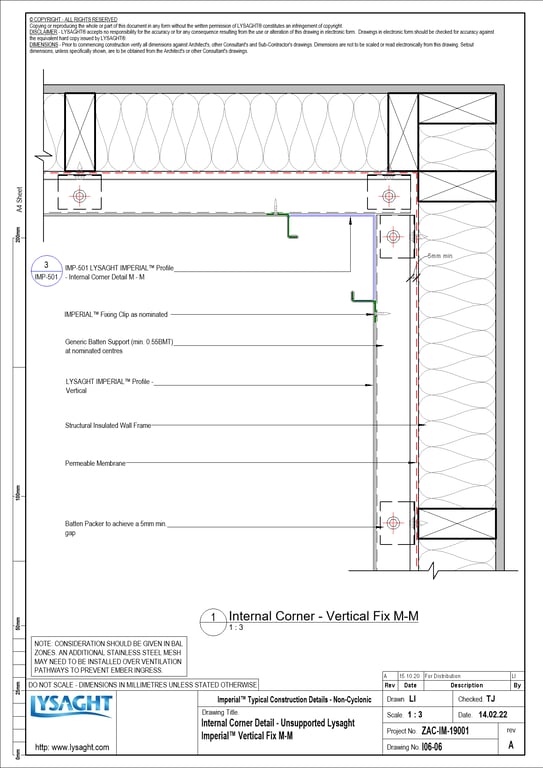 Navigate to I06-06 - Internal Corner Detail - Unsupported Lysaght Imperial™ Vertical Fix M-M