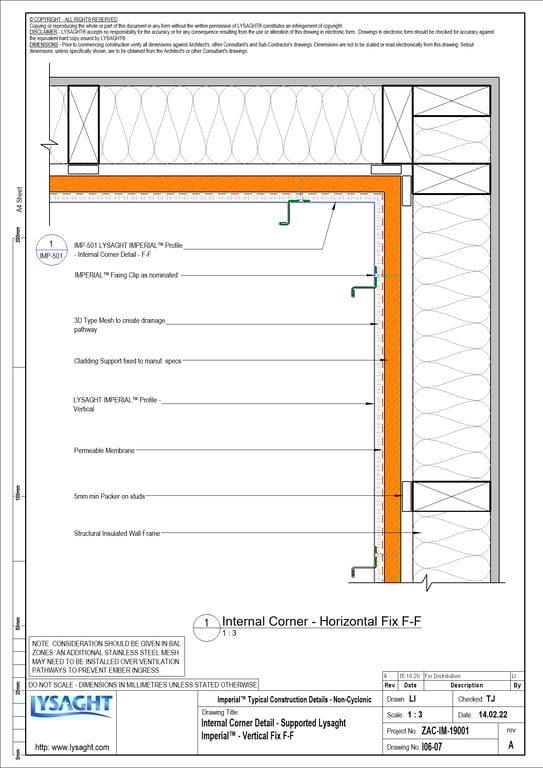 Navigate to I06-07 - Internal Corner Detail - Supported Lysaght Imperial™ - Vertical Fix F-F