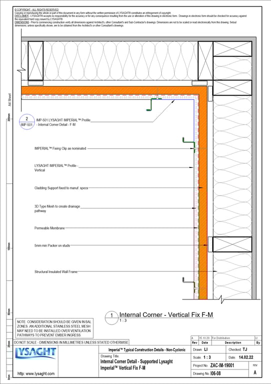 Navigate to I06-08 - Internal Corner Detail - Supported Lysaght Imperial™ Vertical Fix F-M