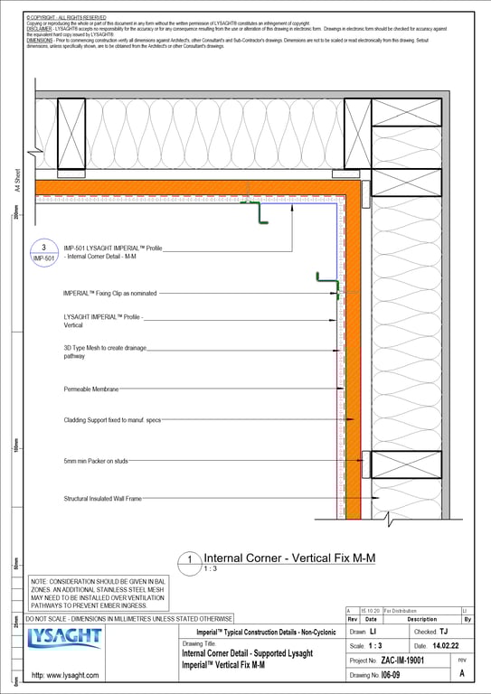 Navigate to I06-09 - Internal Corner Detail - Supported Lysaght Imperial™ Vertical Fix M-M