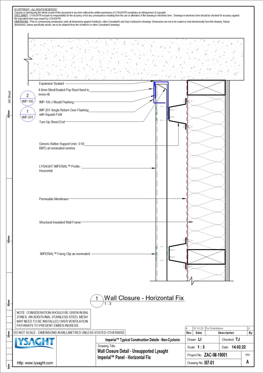 Navigate to I07-01 - Wall Closure Detail - Unsupported Lysaght Imperial™ Panel - Horizontal Fix