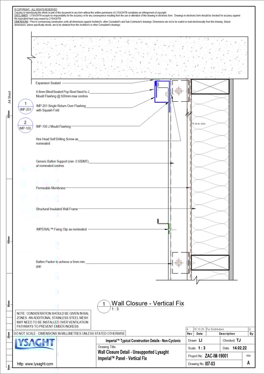 Navigate to I07-03 - Wall Closure Detail - Unsupported Lysaght Imperial™ Panel - Vertical Fix