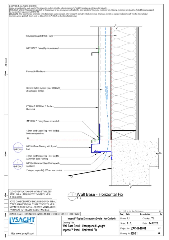 Navigate to I08-01 - Wall Base Detail - Unsupported Lysaght Imperial™ Panel - Horizontal Fix