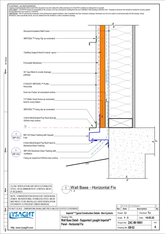 Navigate to I08-02 - Wall Base Detail - Supported Lysaght Imperial™ Panel - Horizontal Fix