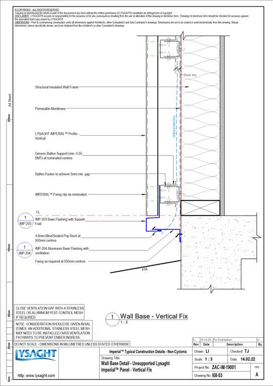 I08-03 - Wall Base Detail - Unsupported Lysaght Imperial™ Panel - Vertical Fix