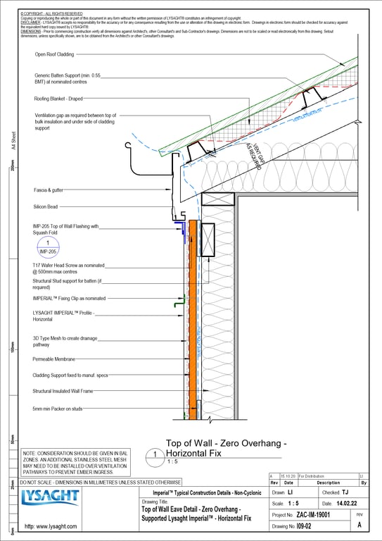 Navigate to I09-02 - Top of Wall Eave Detail - Zero Overhang - Supported Lysaght Imperial™ - Horizontal Fix