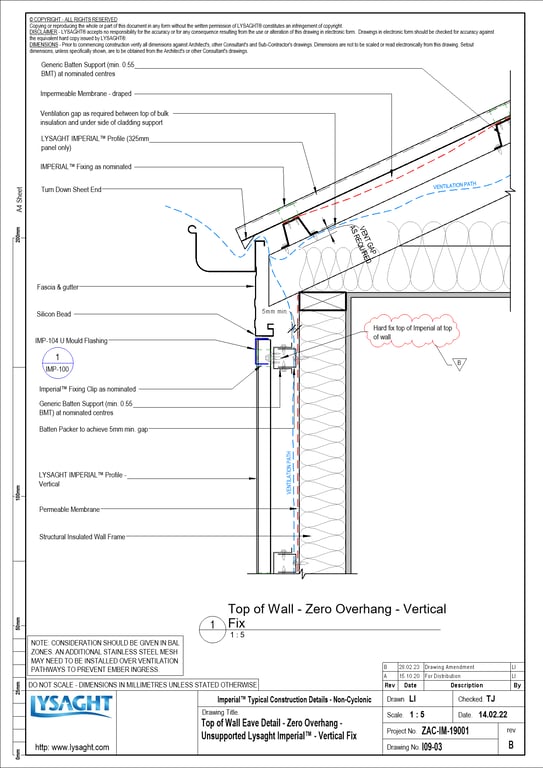 Navigate to I09-03 - Top of Wall Eave Detail - Zero Overhang - Unsupported Lysaght Imperial™ - Vertical Fix