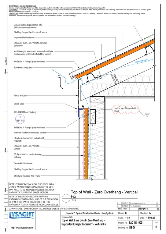 Navigate to I09-04 - Top of Wall Eave Detail - Zero Overhang - Supported Lysaght Imperial™ - Vertical Fix