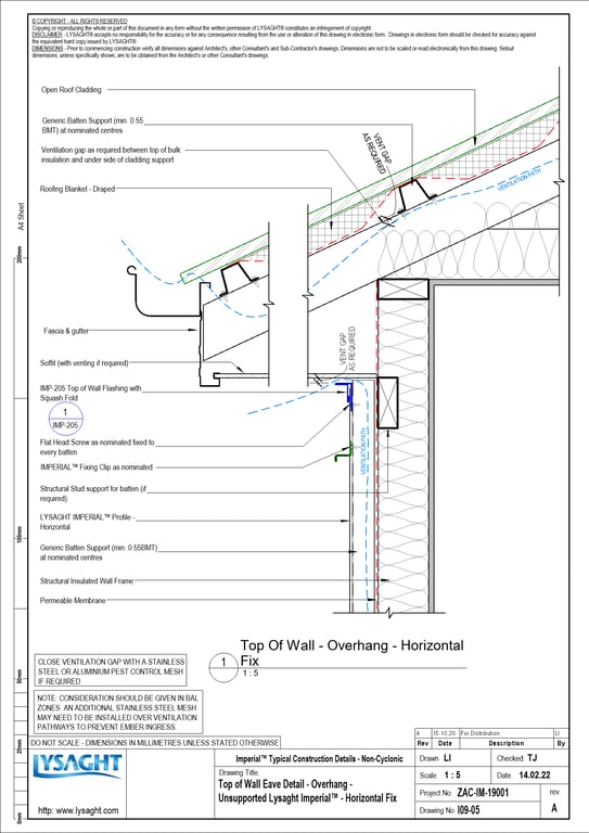 Navigate to I09-05 - Top of Wall Eave Detail - Overhang - Unsupported Lysaght Imperial™ - Horizontal Fix