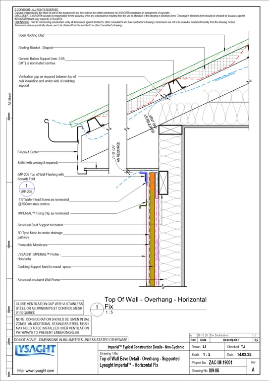 Navigate to I09-06 - Top of Wall Eave Detail - Overhang - Supported Lysaght Imperial™ - Horizontal Fix