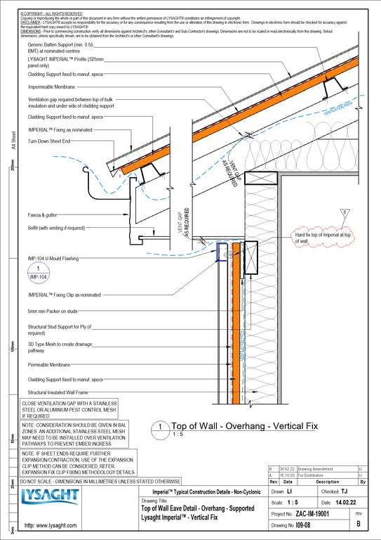  Image of I09-08 - Top of Wall Eave Detail - Overhang - Supported Lysaght Imperial™ - Vertical Fix