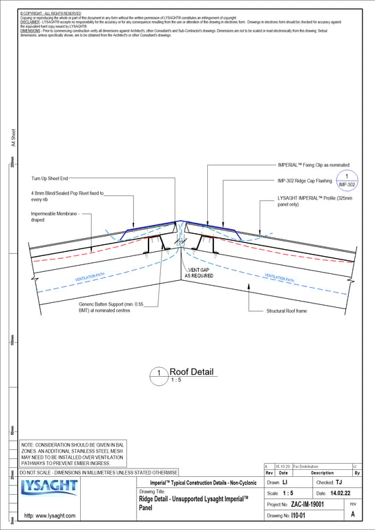 Navigate to I10-01 - Ridge Detail - Unsupported Lysaght Imperial™ Panel