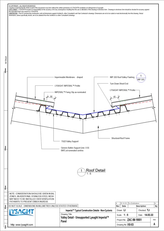 Navigate to I10-03 - Valley Detail - Unsupported Lysaght Imperial™ Panel