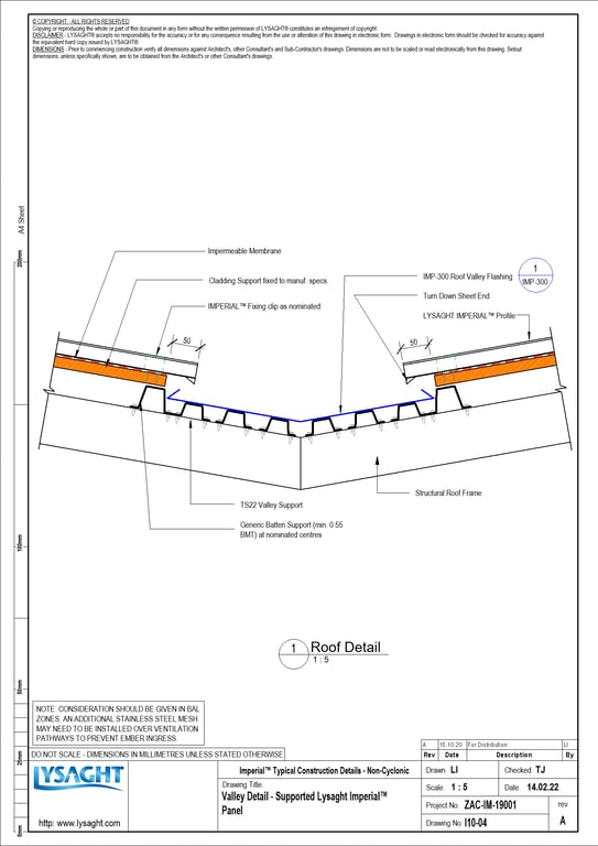 I10-04 - Valley Detail - Supported Lysaght Imperial™ Panel