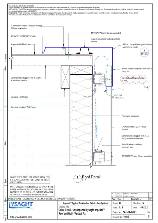 Navigate to I10-05 - Gable Detail - Unsupported Lysaght Imperial™ Roof and Wall - Vertical Fix