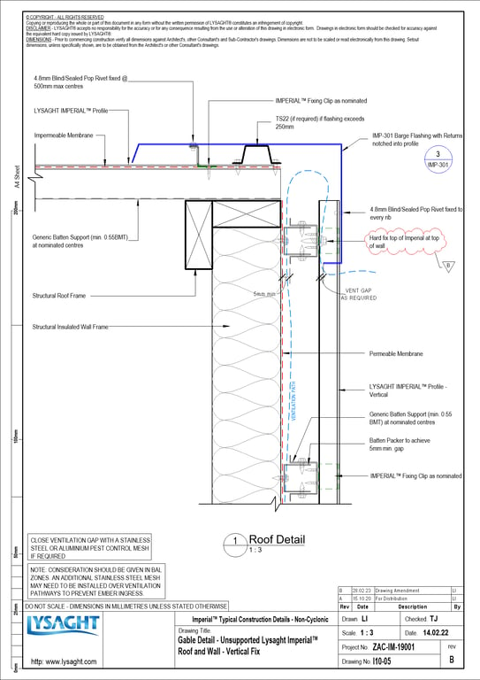 I10-05 - Gable Detail - Unsupported Lysaght Imperial™ Roof and Wall - Vertical Fix