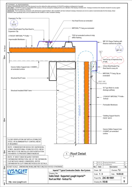 Navigate to I10-06 - Gable Detail - Supported Lysaght Imperial™ Roof and Wall - Vertical Fix