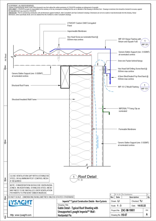 Navigate to I10-07 - Gable Detail - Typical Roof Sheeting with Unsupported Lysaght Imperial™ Wall - Horizontal Fix