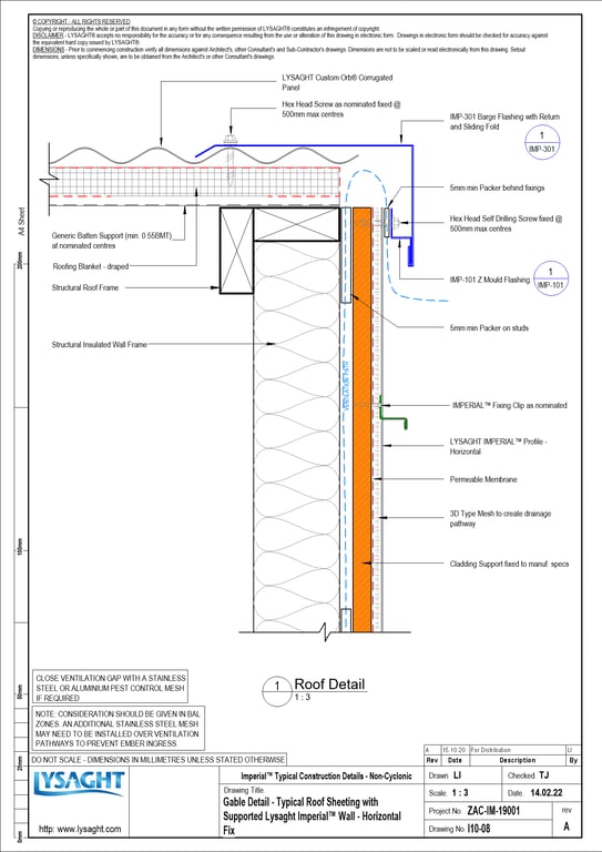 Navigate to I10-08 - Gable Detail - Typical Roof Sheeting with Supported Lysaght Imperial™ Wall - Horizontal Fix
