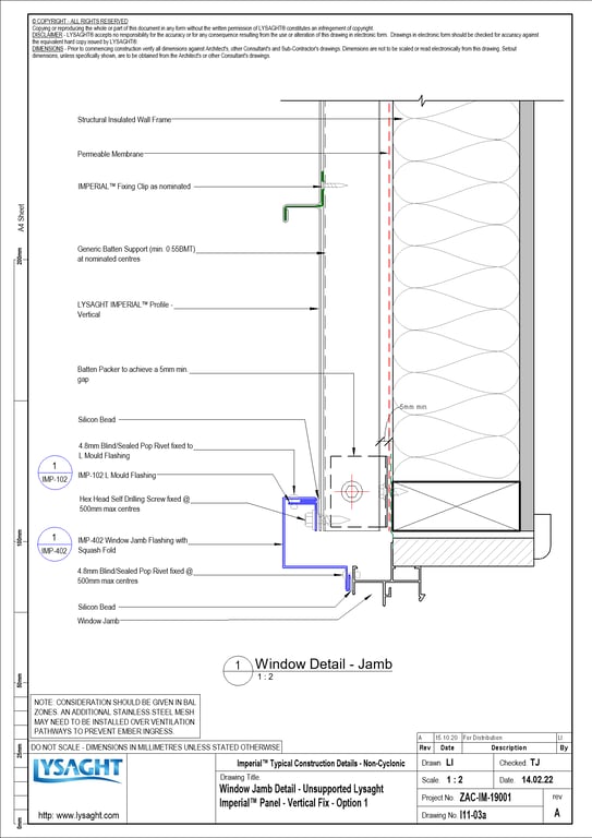 Navigate to I11-03a - Window Jamb Detail - Unsupported Lysaght Imperial™ Panel - Vertical Fix - Option 1