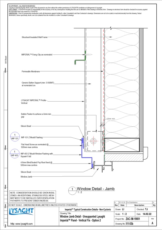 Navigate to I11-03b - Window Jamb Detail - Unsupported Lysaght Imperial™ Panel - Vertical Fix - Option 2