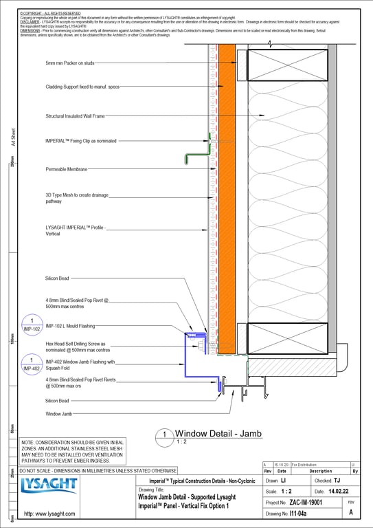 Navigate to I11-04a - Window Jamb Detail - Supported Lysaght Imperial™ Panel - Vertical Fix Option 1