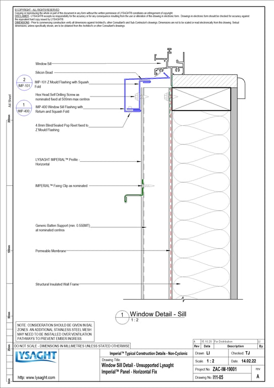 Navigate to I11-05 - Window Sill Detail - Unsupported Lysaght Imperial™ Panel - Horizontal Fix