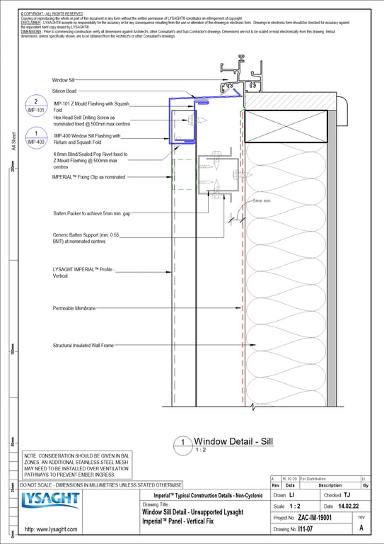 Navigate to I11-07 - Window Sill Detail - Unsupported Lysaght Imperial™ Panel - Vertical Fix