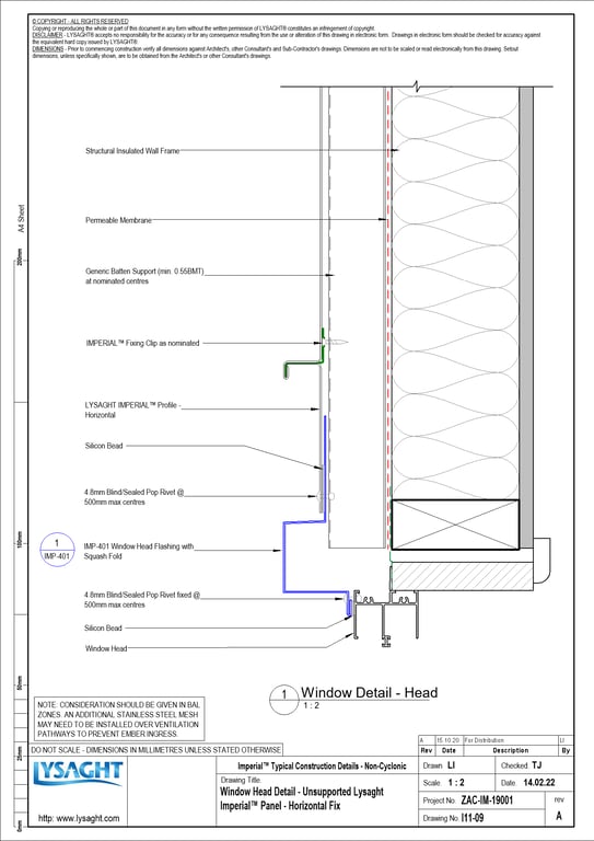 Navigate to I11-09 - Window Head Detail - Unsupported Lysaght Imperial™ Panel - Horizontal Fix