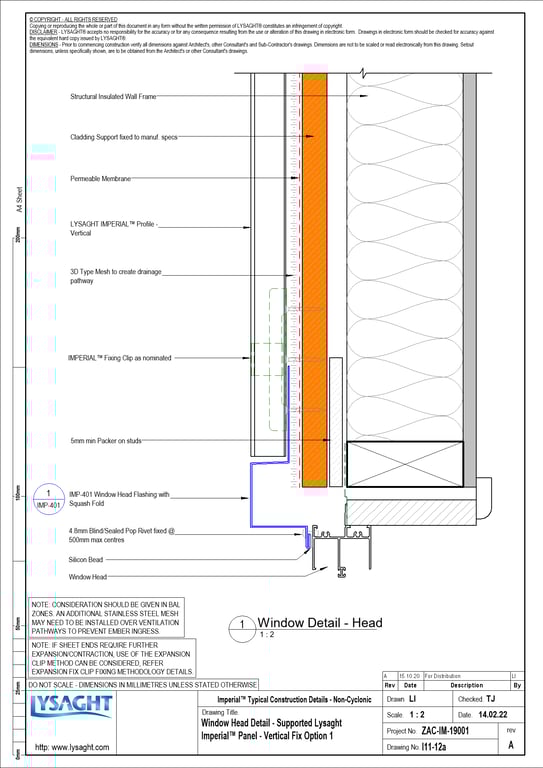 Navigate to I11-12a - Window Head Detail - Supported Lysaght Imperial™ Panel - Vertical Fix Option 1