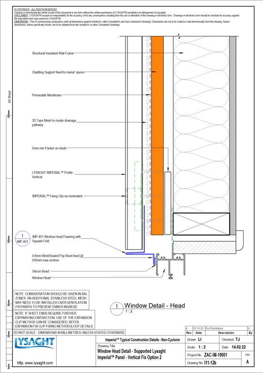 Navigate to I11-12b - Window Head Detail - Supported Lysaght Imperial™ Panel - Vertical Fix Option 2