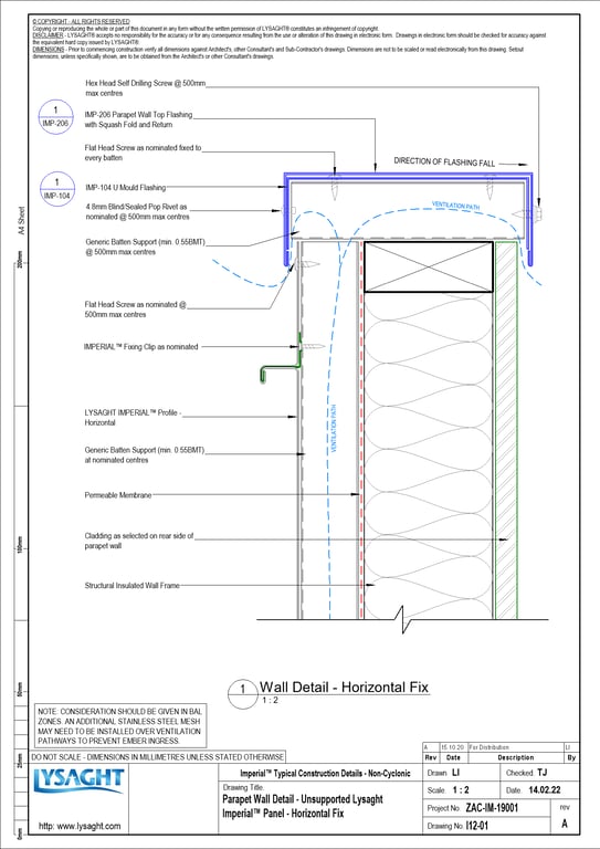 Navigate to I12-01 - Parapet Wall Detail - Unsupported Lysaght Imperial™ Panel - Horizontal Fix