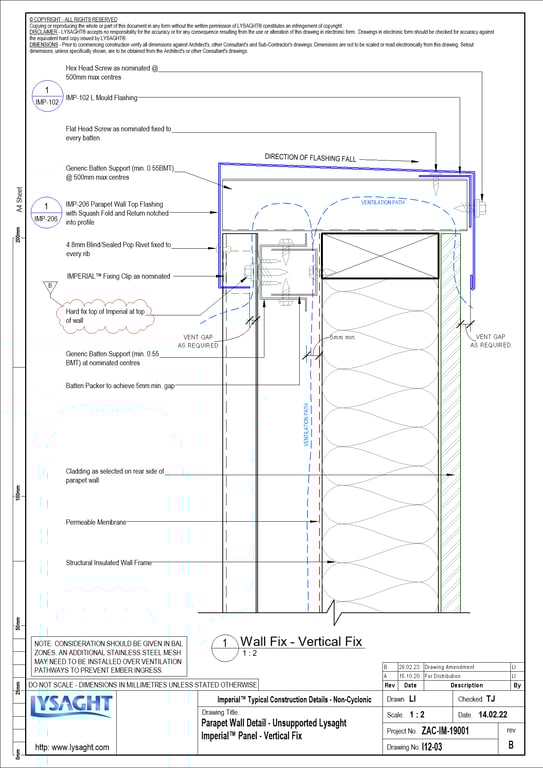 Navigate to I12-03 - Parapet Wall Detail - Unsupported Lysaght Imperial™ Panel - Vertical Fix