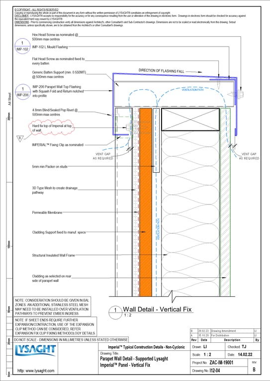 Navigate to I12-04 - Parapet Wall Detail - Supported Lysaght Imperial™ Panel - Vertical Fix