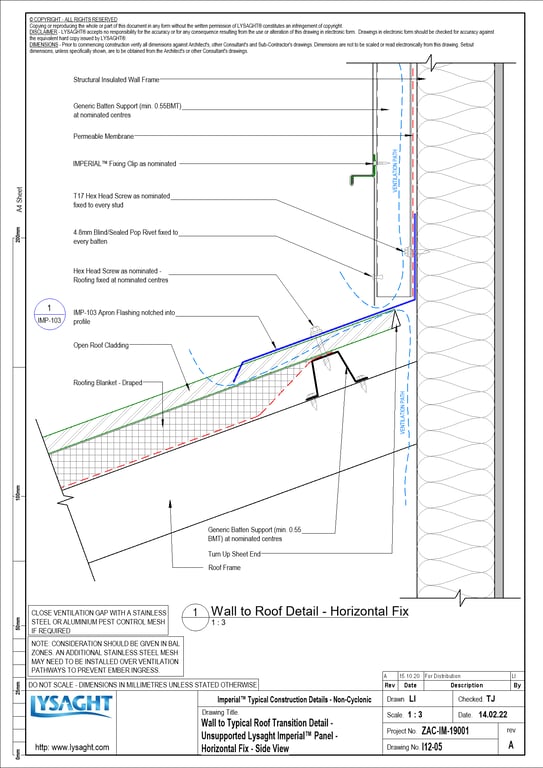 Navigate to I12-05 - Wall to Typical Roof Transition Detail - Unsupported Lysaght Imperial™ Panel - Horizontal Fix - Side View
