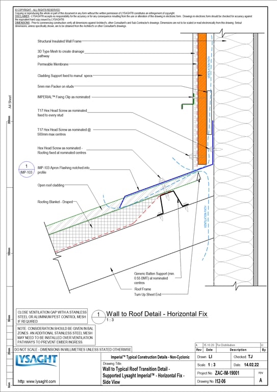 Navigate to I12-06 - Wall to Typical Roof Transition Detail - Supported Lysaght Imperial™ - Horizontal Fix - Side View