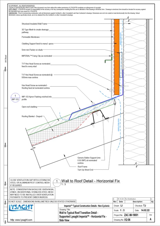 I12-06 - Wall to Typical Roof Transition Detail - Supported Lysaght Imperial™ - Horizontal Fix - Side View