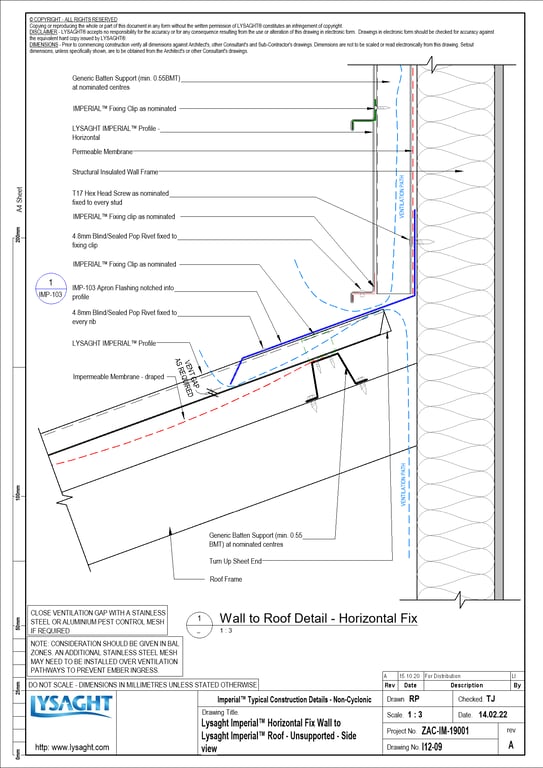 Navigate to I12-09 - Lysaght Imperial™ Horizontal Fix Wall to Lysaght Imperial™ Roof - Unsupported - Side view