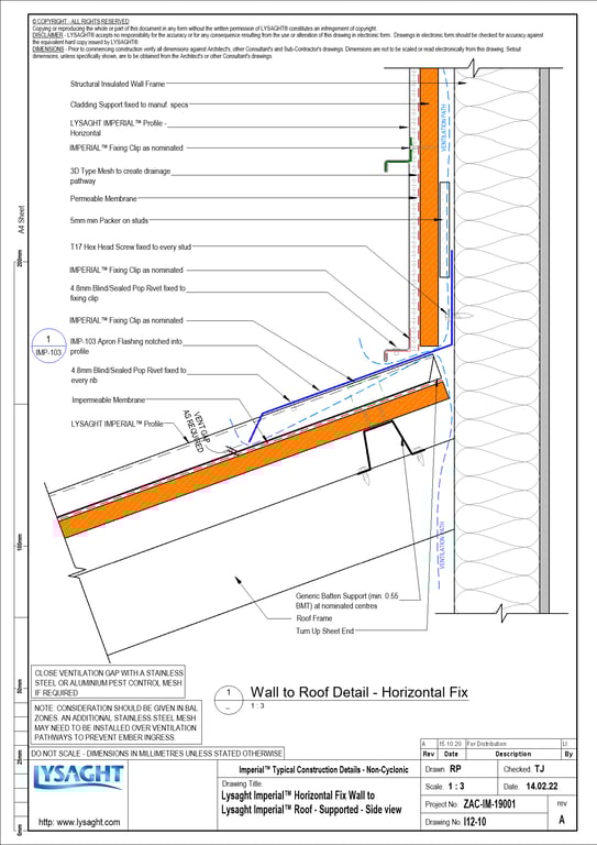 Navigate to I12-10 - Lysaght Imperial™ Horizontal Fix Wall to Lysaght Imperial™ Roof - Supported - Side view