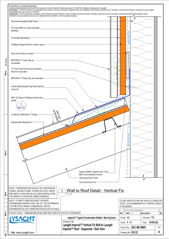 I12-12 - Lysaght Imperial™ Vertical Fix Wall to Lysaght Imperial™ Roof - Supported - Side View