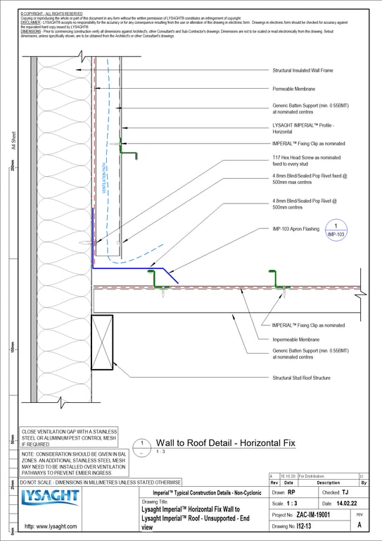Navigate to I12-13 - Lysaght Imperial™ Horizontal Fix Wall to Lysaght Imperial™ Roof - Unsupported - End view