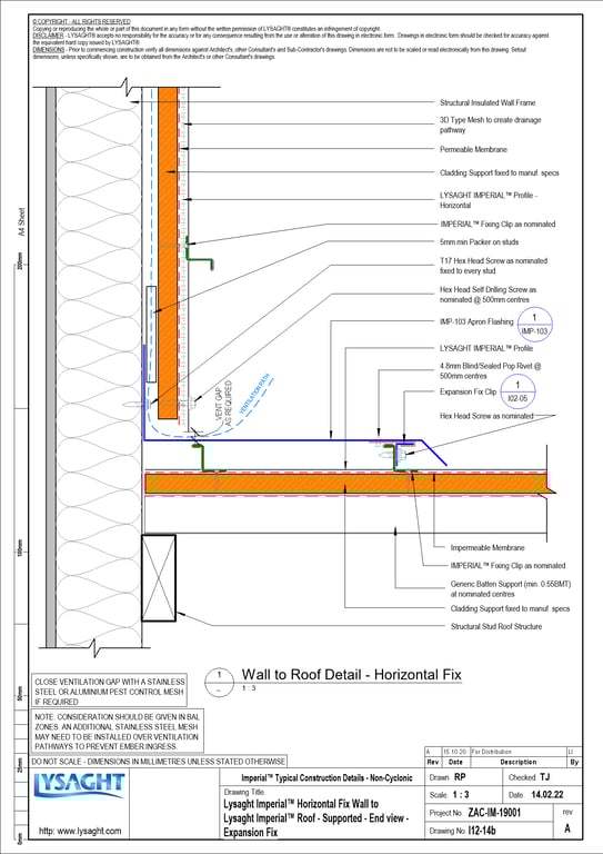 Navigate to I12-14b - Lysaght Imperial™ Horizontal Fix Wall to Lysaght Imperial™ Roof - Supported - End view - Expansion Fix