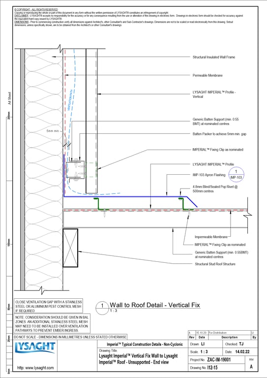 Navigate to I12-15 - Lysaght Imperial™ Vertical Fix Wall to Lysaght Imperial™ Roof - Unsupported - End view