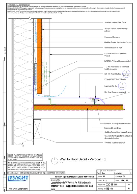 Navigate to I12-16b - Lysaght Imperial™ Vertical Fix Wall to Lysaght Imperial™ Roof - Supported Expansion Fix - End view