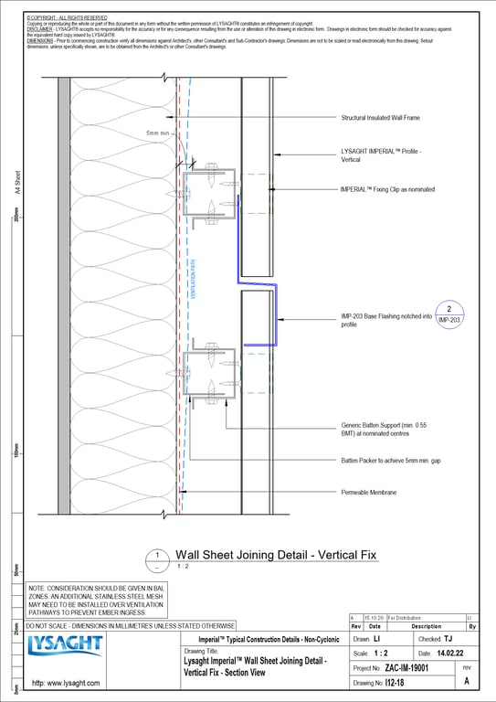 Navigate to I12-18 - Lysaght Imperial™ Wall Sheet Joining Detail - Vertical Fix - Section View
