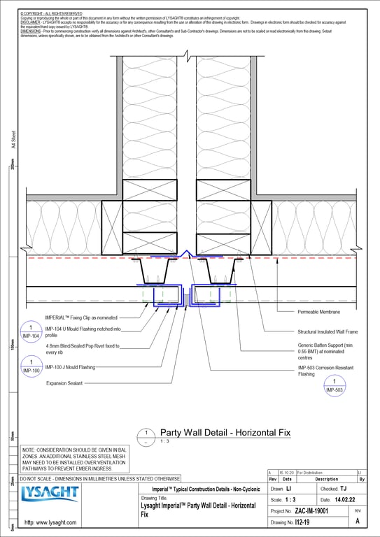 I12-19 - Lysaght Imperial™ Party Wall Detail - Horizontal Fix